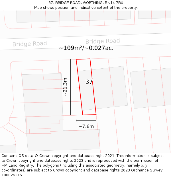 37, BRIDGE ROAD, WORTHING, BN14 7BX: Plot and title map