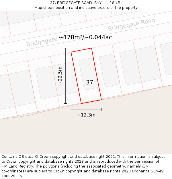 37, BRIDGEGATE ROAD, RHYL, LL18 4BL: Plot and title map