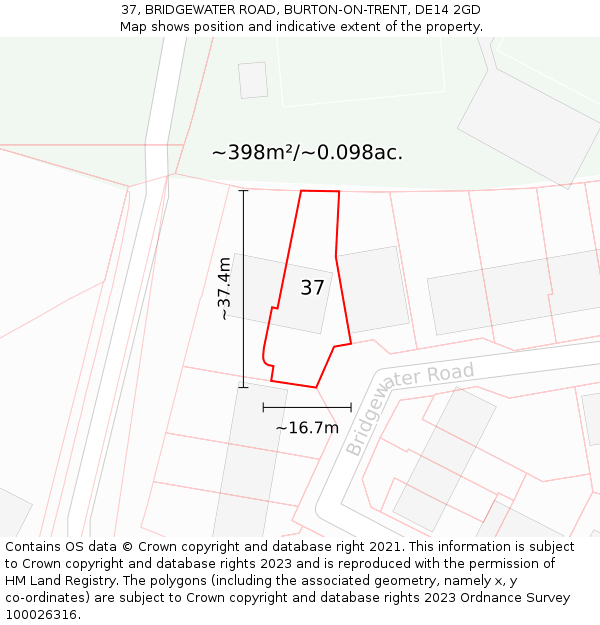 37, BRIDGEWATER ROAD, BURTON-ON-TRENT, DE14 2GD: Plot and title map