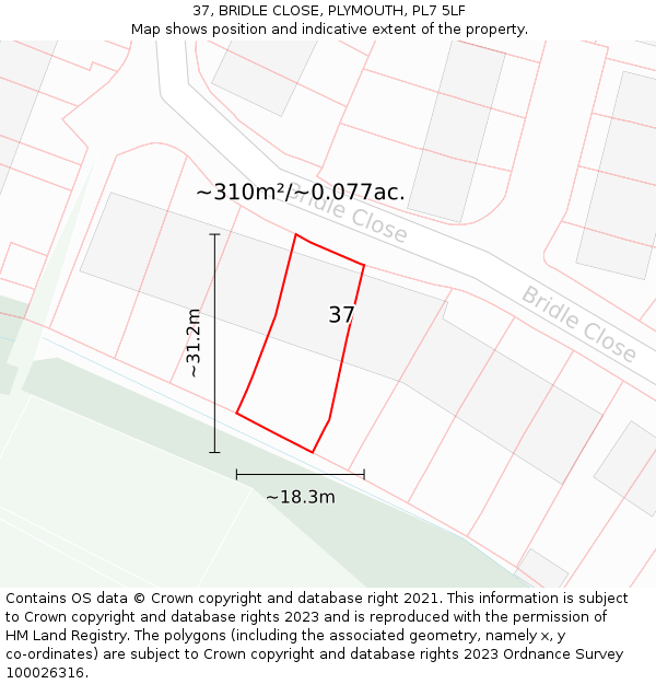 37, BRIDLE CLOSE, PLYMOUTH, PL7 5LF: Plot and title map