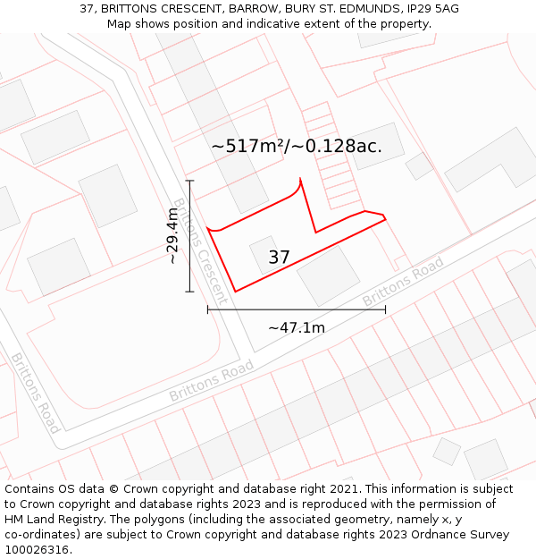 37, BRITTONS CRESCENT, BARROW, BURY ST. EDMUNDS, IP29 5AG: Plot and title map