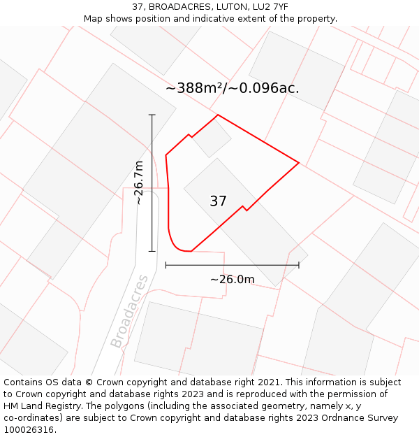 37, BROADACRES, LUTON, LU2 7YF: Plot and title map