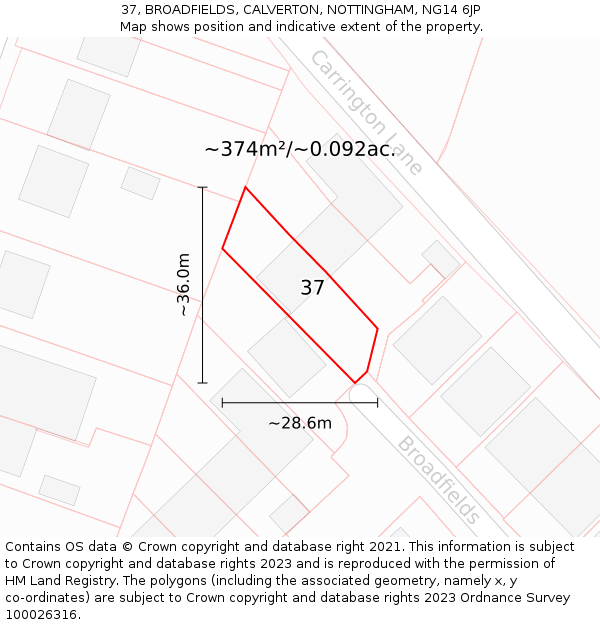 37, BROADFIELDS, CALVERTON, NOTTINGHAM, NG14 6JP: Plot and title map