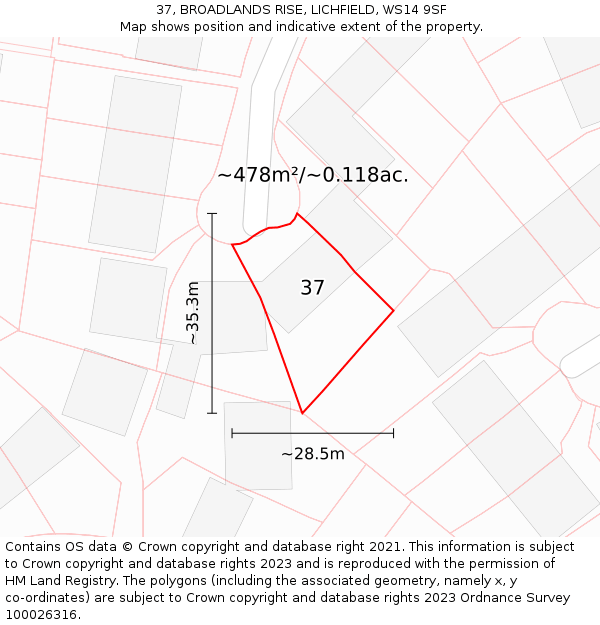 37, BROADLANDS RISE, LICHFIELD, WS14 9SF: Plot and title map