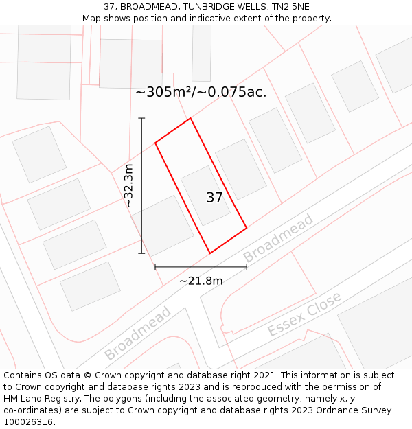 37, BROADMEAD, TUNBRIDGE WELLS, TN2 5NE: Plot and title map