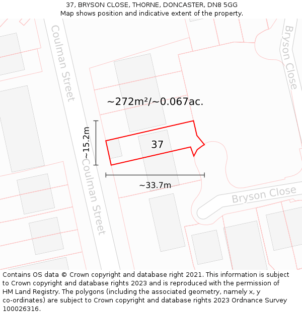 37, BRYSON CLOSE, THORNE, DONCASTER, DN8 5GG: Plot and title map