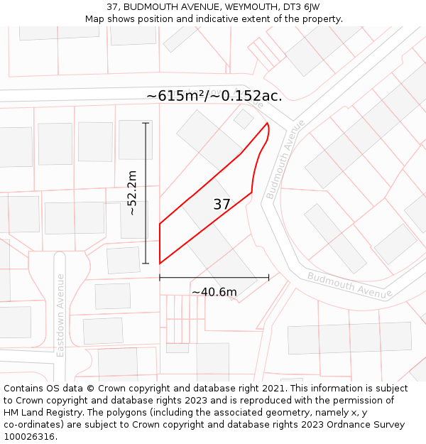 37, BUDMOUTH AVENUE, WEYMOUTH, DT3 6JW: Plot and title map
