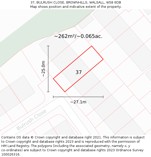 37, BULRUSH CLOSE, BROWNHILLS, WALSALL, WS8 6DB: Plot and title map