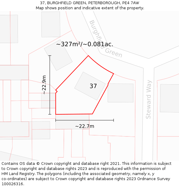 37, BURGHFIELD GREEN, PETERBOROUGH, PE4 7AW: Plot and title map