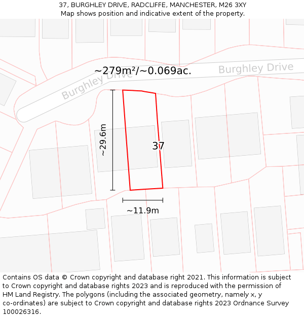 37, BURGHLEY DRIVE, RADCLIFFE, MANCHESTER, M26 3XY: Plot and title map