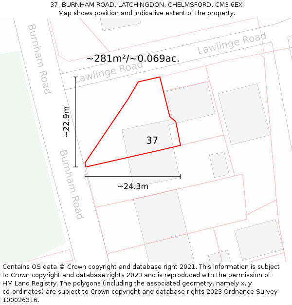 37, BURNHAM ROAD, LATCHINGDON, CHELMSFORD, CM3 6EX: Plot and title map