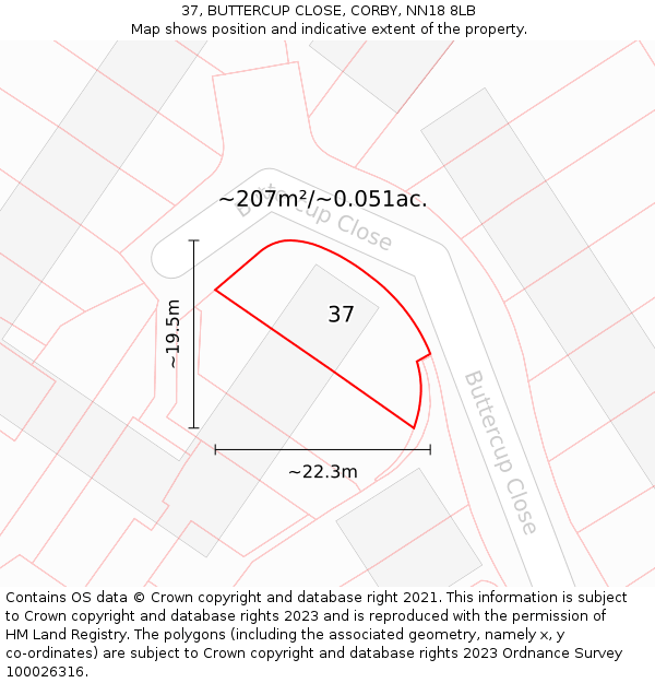 37, BUTTERCUP CLOSE, CORBY, NN18 8LB: Plot and title map