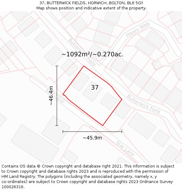 37, BUTTERWICK FIELDS, HORWICH, BOLTON, BL6 5GY: Plot and title map