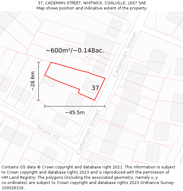 37, CADEMAN STREET, WHITWICK, COALVILLE, LE67 5AE: Plot and title map