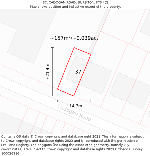 37, CADOGAN ROAD, SURBITON, KT6 4DJ: Plot and title map