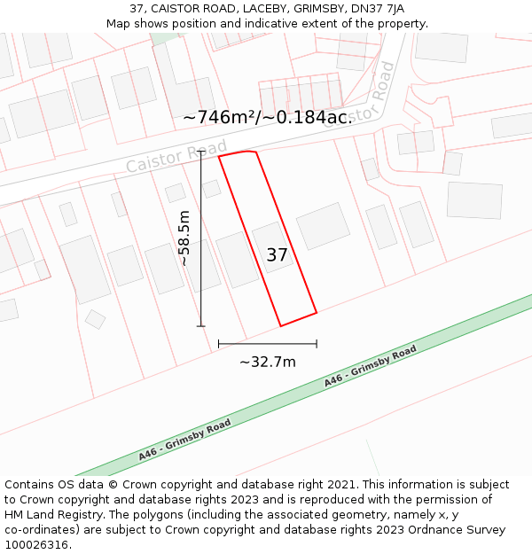 37, CAISTOR ROAD, LACEBY, GRIMSBY, DN37 7JA: Plot and title map