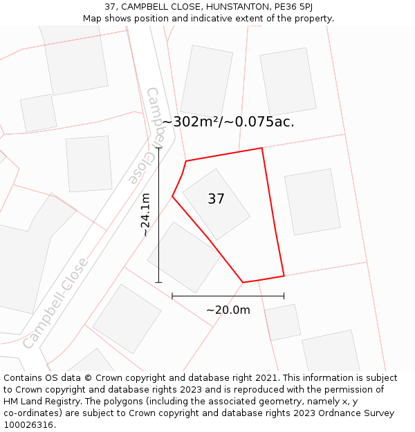 37, CAMPBELL CLOSE, HUNSTANTON, PE36 5PJ: Plot and title map