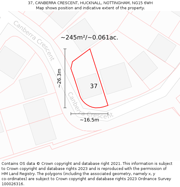 37, CANBERRA CRESCENT, HUCKNALL, NOTTINGHAM, NG15 6WH: Plot and title map