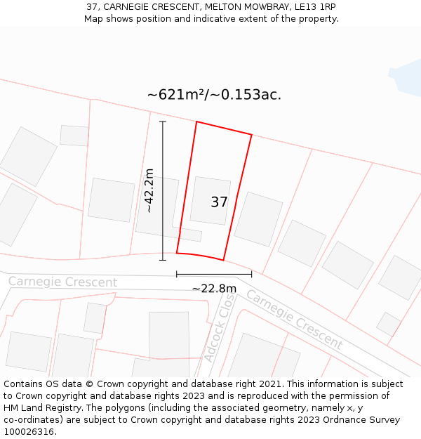 37, CARNEGIE CRESCENT, MELTON MOWBRAY, LE13 1RP: Plot and title map