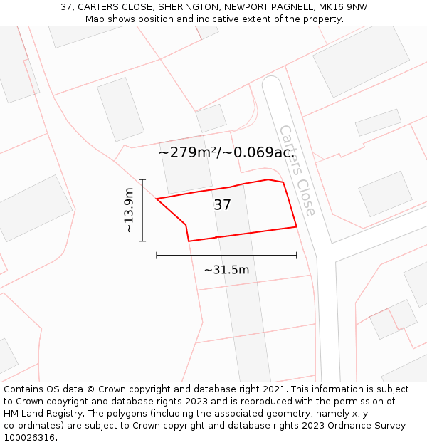 37, CARTERS CLOSE, SHERINGTON, NEWPORT PAGNELL, MK16 9NW: Plot and title map