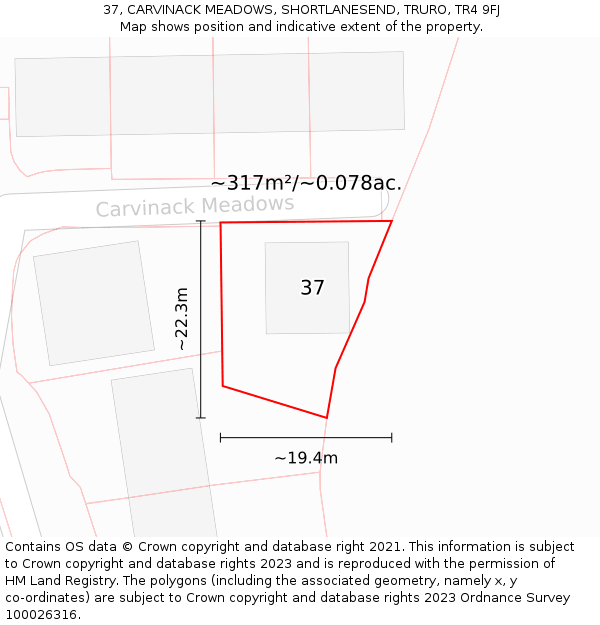 37, CARVINACK MEADOWS, SHORTLANESEND, TRURO, TR4 9FJ: Plot and title map