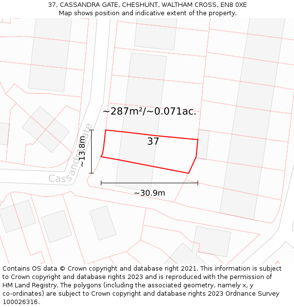 37, CASSANDRA GATE, CHESHUNT, WALTHAM CROSS, EN8 0XE: Plot and title map