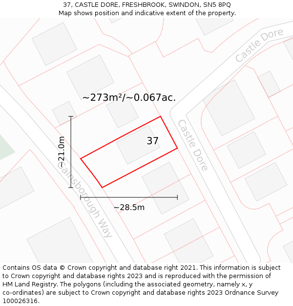 37, CASTLE DORE, FRESHBROOK, SWINDON, SN5 8PQ: Plot and title map