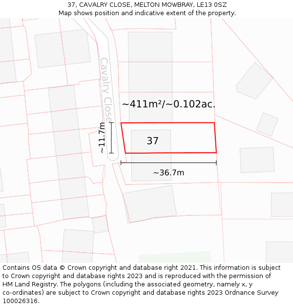 37, CAVALRY CLOSE, MELTON MOWBRAY, LE13 0SZ: Plot and title map