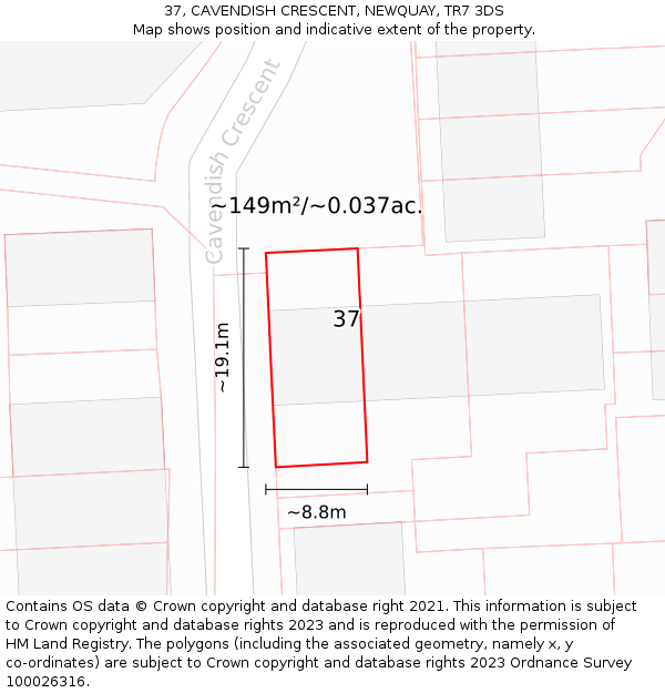 37, CAVENDISH CRESCENT, NEWQUAY, TR7 3DS: Plot and title map