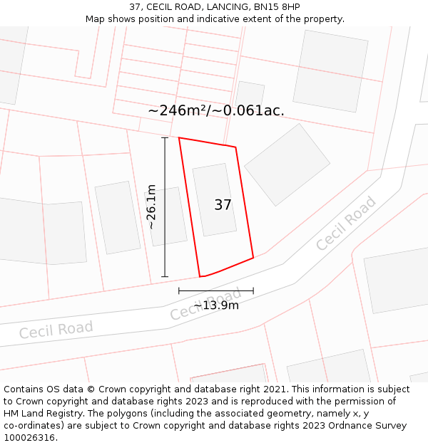 37, CECIL ROAD, LANCING, BN15 8HP: Plot and title map