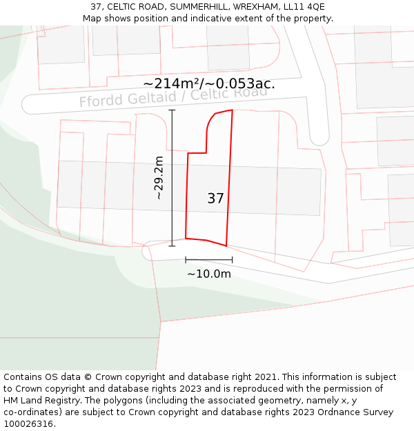 37, CELTIC ROAD, SUMMERHILL, WREXHAM, LL11 4QE: Plot and title map