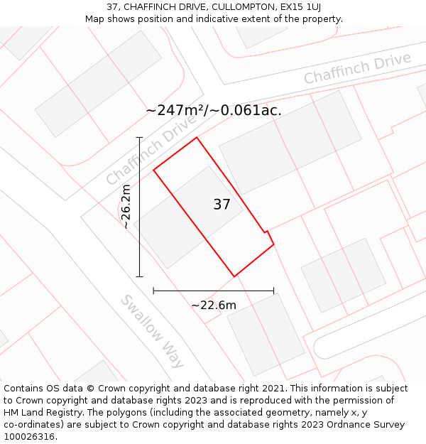 37, CHAFFINCH DRIVE, CULLOMPTON, EX15 1UJ: Plot and title map