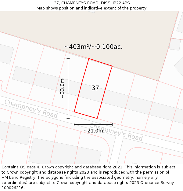 37, CHAMPNEYS ROAD, DISS, IP22 4PS: Plot and title map