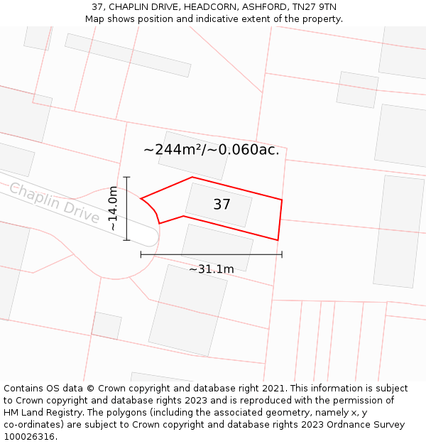 37, CHAPLIN DRIVE, HEADCORN, ASHFORD, TN27 9TN: Plot and title map