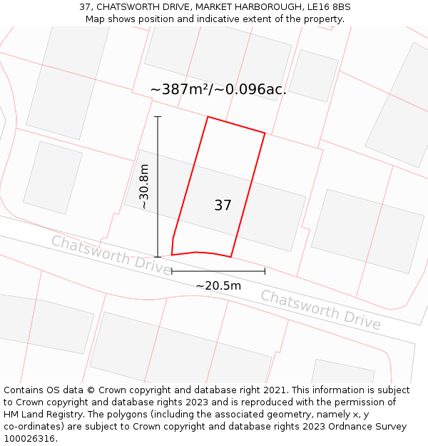 37, CHATSWORTH DRIVE, MARKET HARBOROUGH, LE16 8BS: Plot and title map