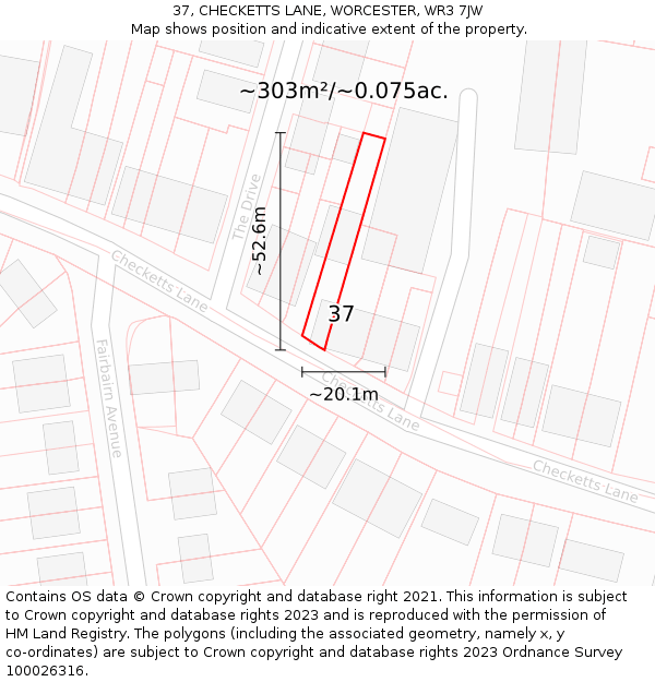 37, CHECKETTS LANE, WORCESTER, WR3 7JW: Plot and title map