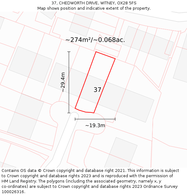 37, CHEDWORTH DRIVE, WITNEY, OX28 5FS: Plot and title map