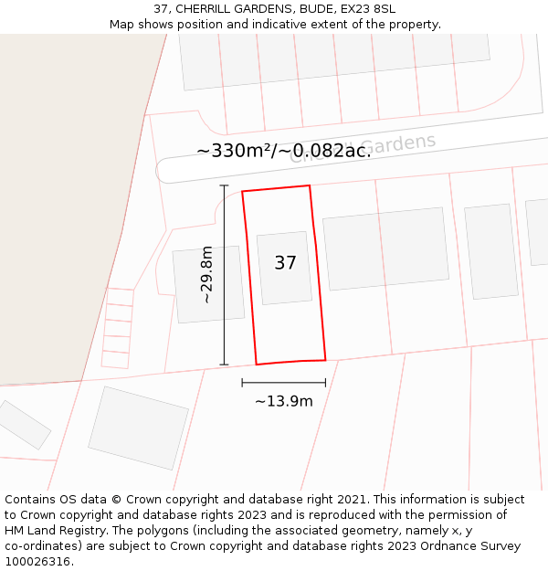 37, CHERRILL GARDENS, BUDE, EX23 8SL: Plot and title map