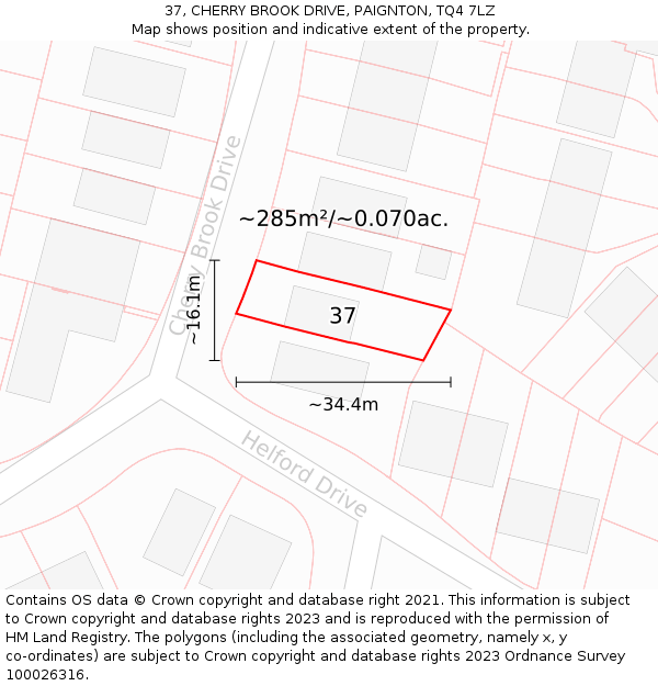 37, CHERRY BROOK DRIVE, PAIGNTON, TQ4 7LZ: Plot and title map