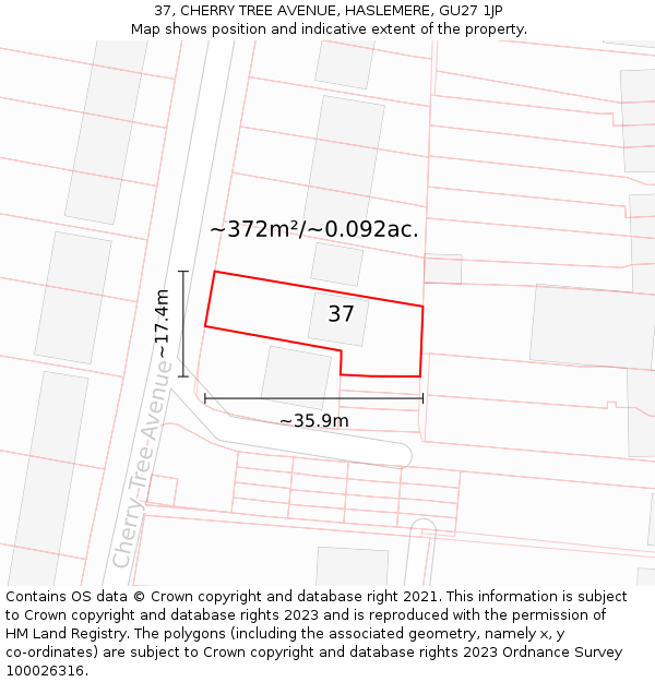 37, CHERRY TREE AVENUE, HASLEMERE, GU27 1JP: Plot and title map
