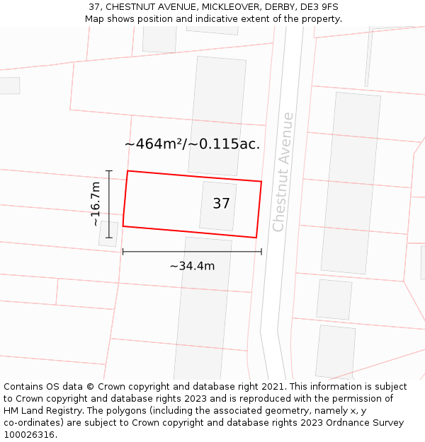 37, CHESTNUT AVENUE, MICKLEOVER, DERBY, DE3 9FS: Plot and title map