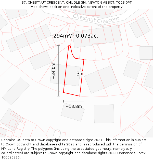 37, CHESTNUT CRESCENT, CHUDLEIGH, NEWTON ABBOT, TQ13 0PT: Plot and title map