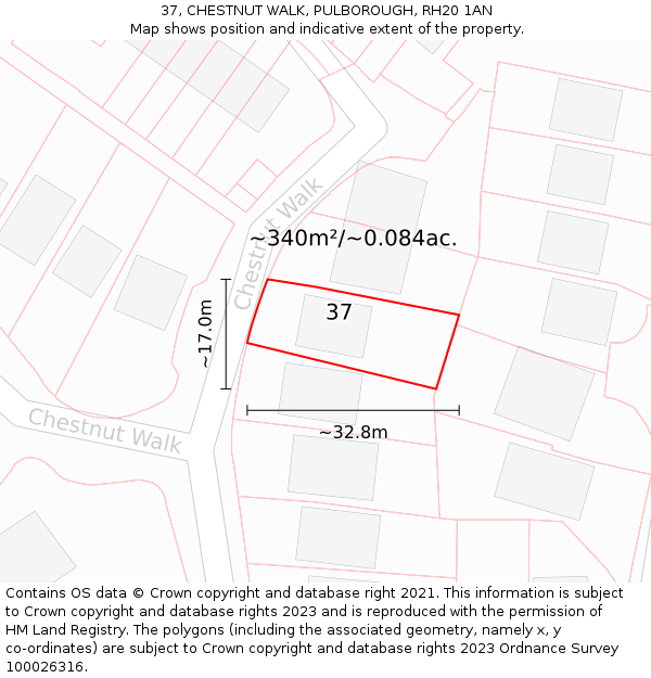 37, CHESTNUT WALK, PULBOROUGH, RH20 1AN: Plot and title map