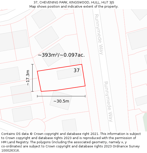 37, CHEVENING PARK, KINGSWOOD, HULL, HU7 3JS: Plot and title map