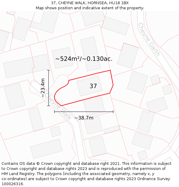 37, CHEYNE WALK, HORNSEA, HU18 1BX: Plot and title map