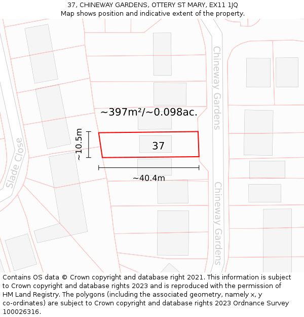 37, CHINEWAY GARDENS, OTTERY ST MARY, EX11 1JQ: Plot and title map