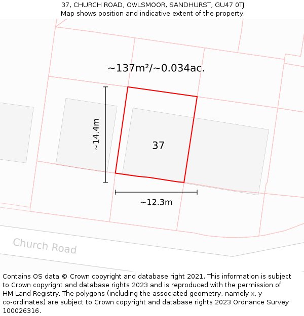 37, CHURCH ROAD, OWLSMOOR, SANDHURST, GU47 0TJ: Plot and title map