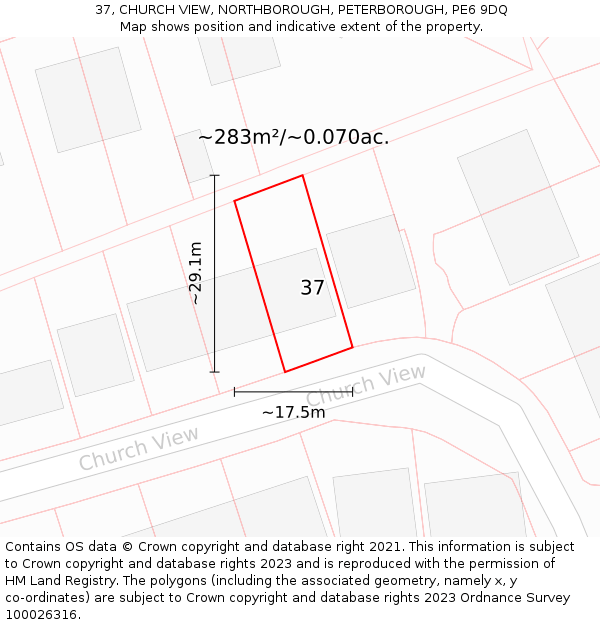 37, CHURCH VIEW, NORTHBOROUGH, PETERBOROUGH, PE6 9DQ: Plot and title map