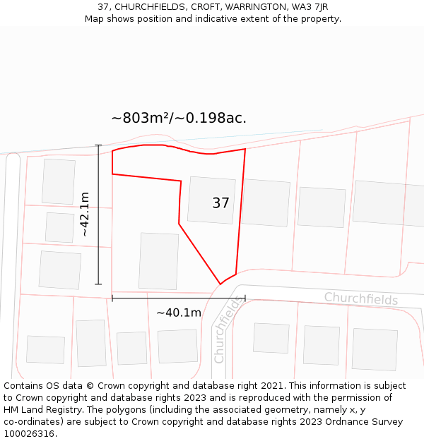 37, CHURCHFIELDS, CROFT, WARRINGTON, WA3 7JR: Plot and title map
