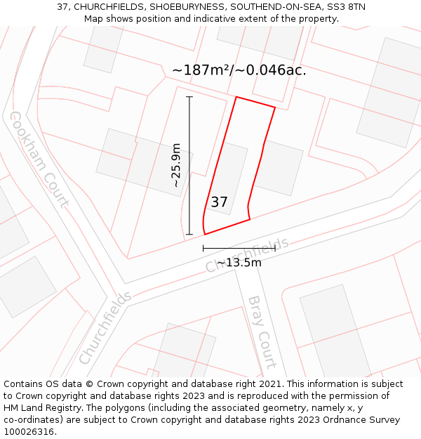 37, CHURCHFIELDS, SHOEBURYNESS, SOUTHEND-ON-SEA, SS3 8TN: Plot and title map